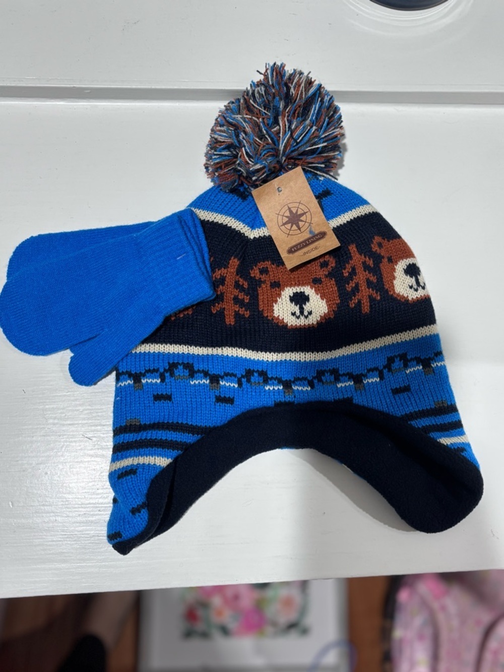 Youth Kids Blue Bear Knit Pom Beanie with Matching Mittens NWT